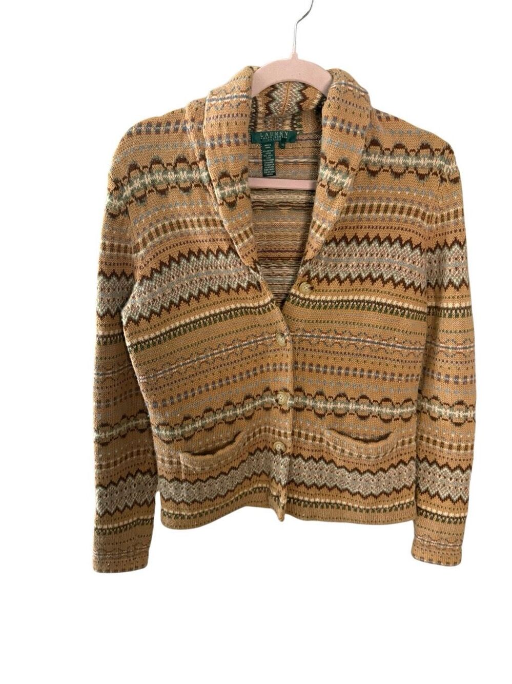 VTG Lauren Ralph Lauren Tan Fair Isle Cardigan Shawl Collar Knit Sweater